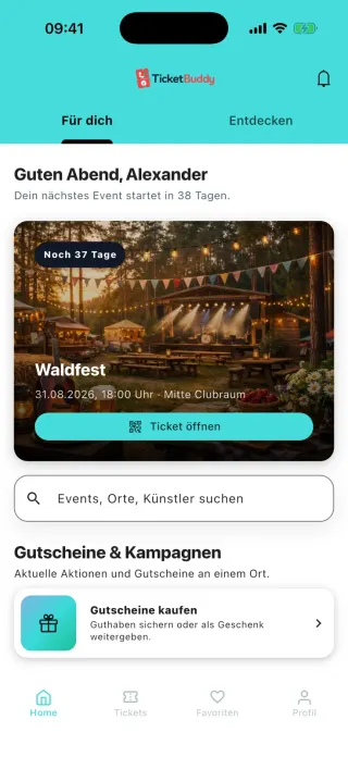 TicketBuddy Shop-App mit Veranstaltungsübersicht.